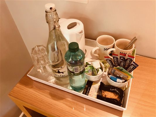 Room 3 tray kettle water tea coffee biscuits